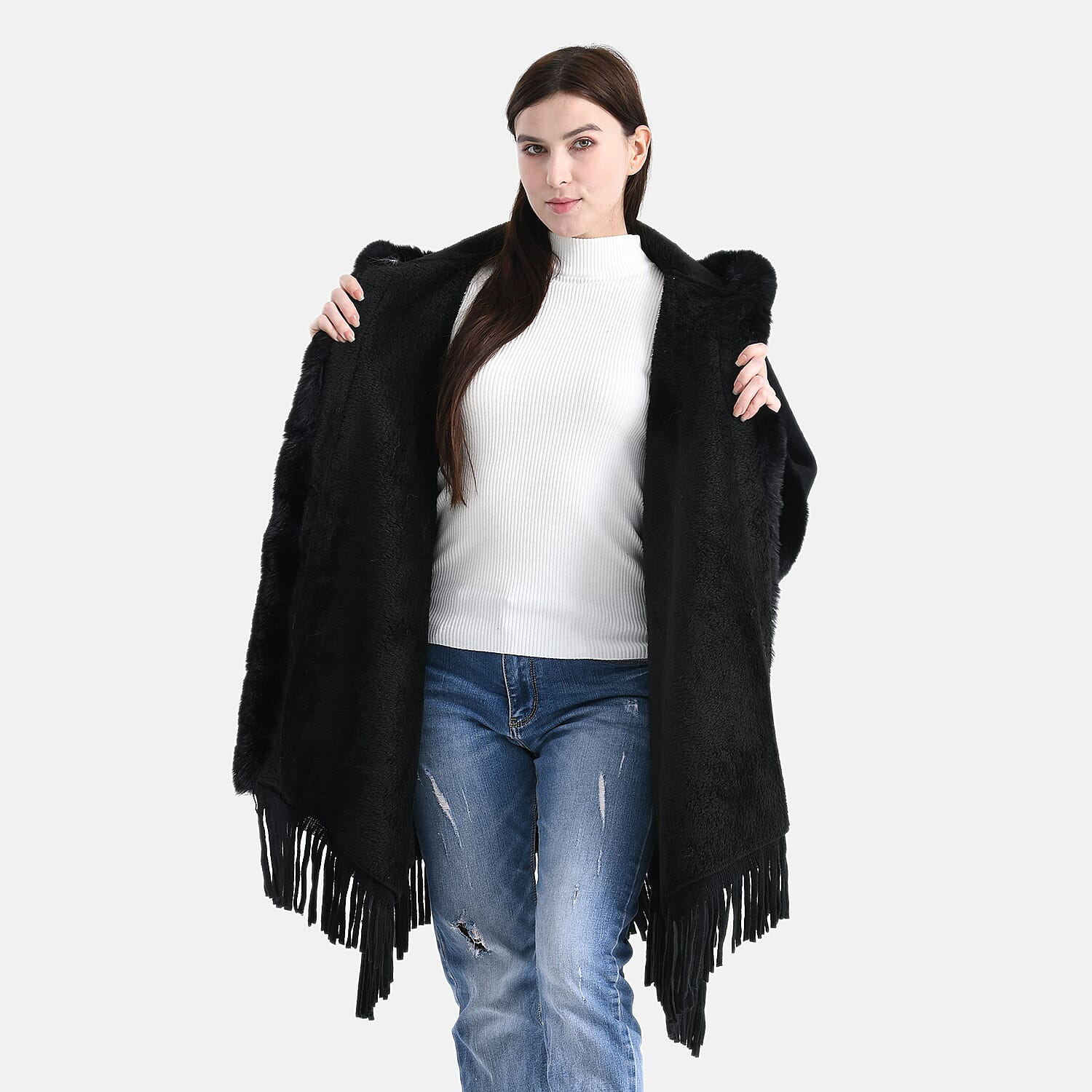 La Marey Signature Faux Fur Poncho with Tassels (110 x 90 cm) - Black