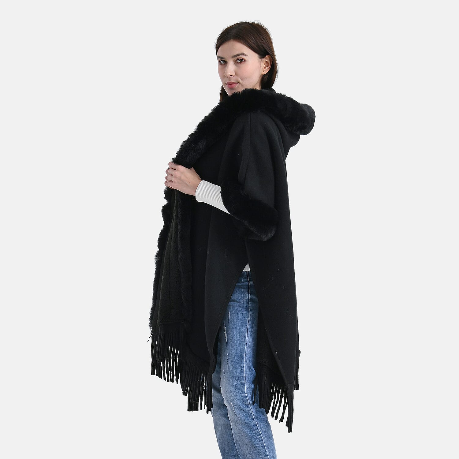 La Marey Signature Faux Fur Poncho with Tassels (110 x 90 cm) - Black