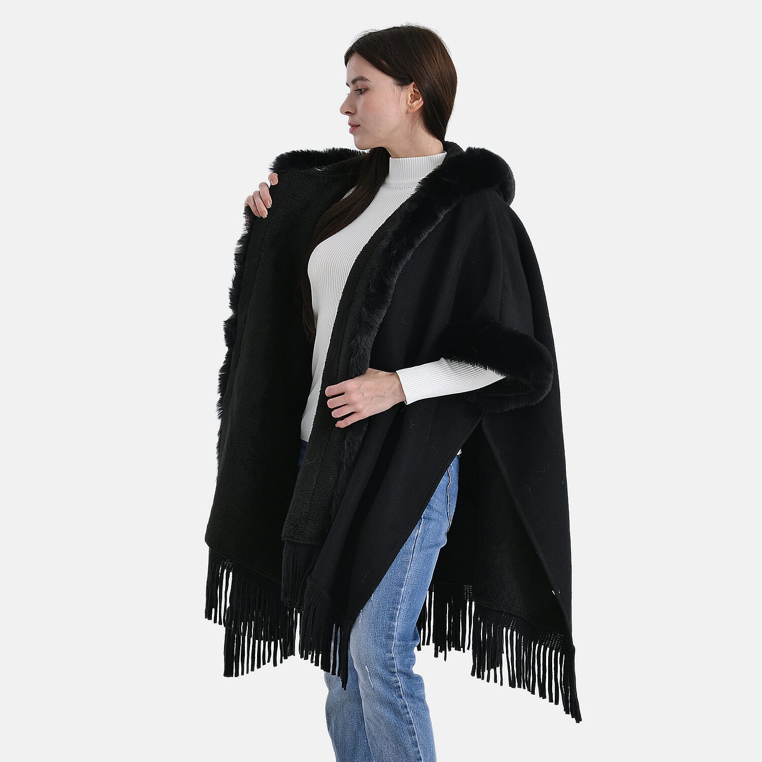 La Marey Signature Faux Fur Poncho with Tassels (110 x 90 cm) - Black