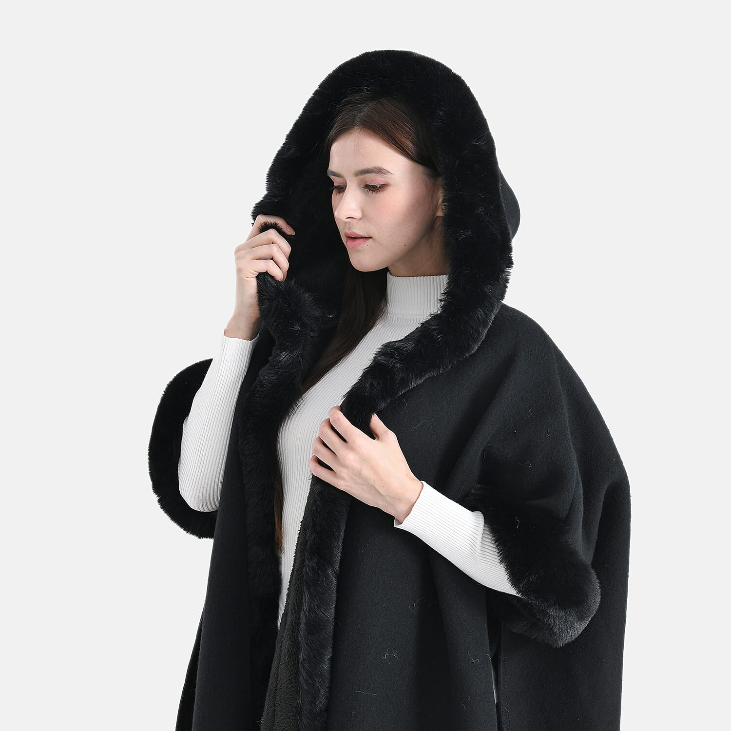 La Marey Signature Faux Fur Poncho with Tassels (110 x 90 cm) - Black