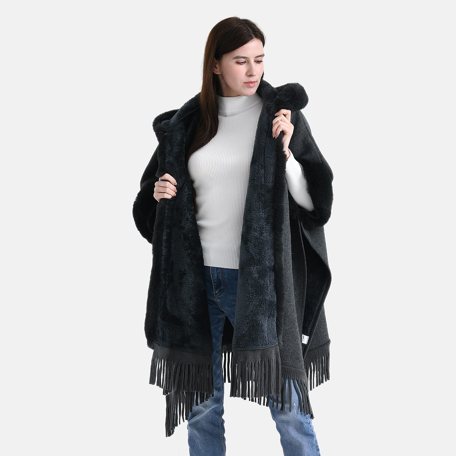 La Marey Signature Faux Fur Poncho with Tassels (110 x 90 cm) - Grey