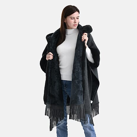 La Marey Signature Faux Fur Poncho with Tassels (110 x 90 cm) - Grey