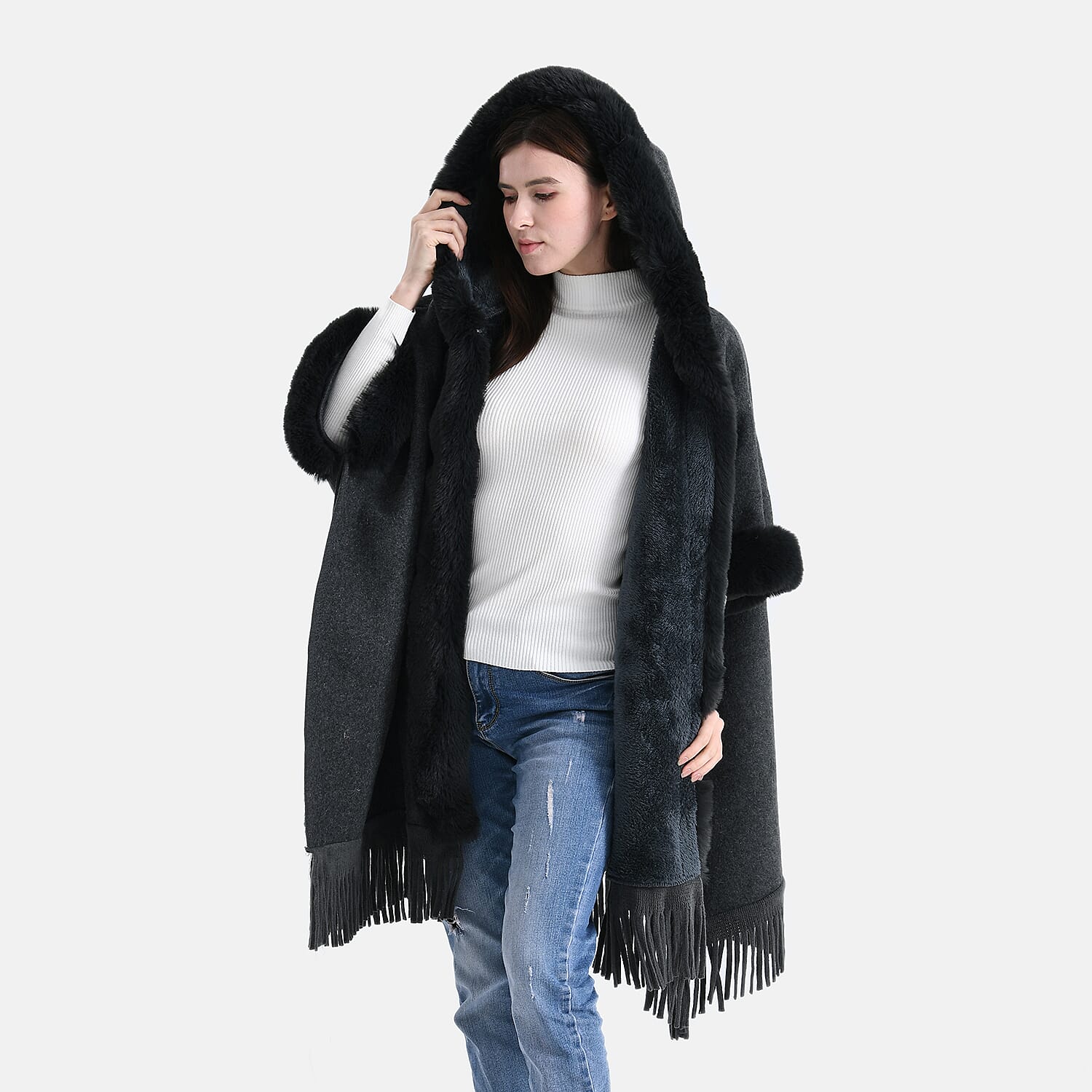 La Marey Signature Faux Fur Poncho with Tassels (110 x 90 cm) - Grey