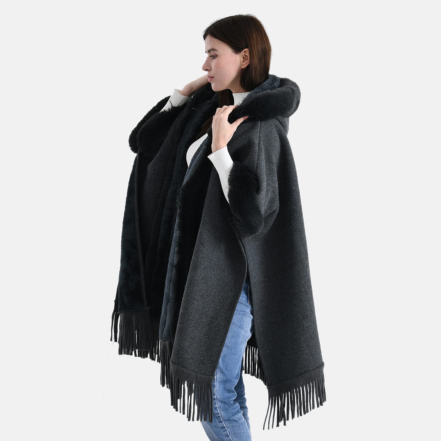 La Marey Signature Faux Fur Poncho with Tassels (110 x 90 cm) - Grey