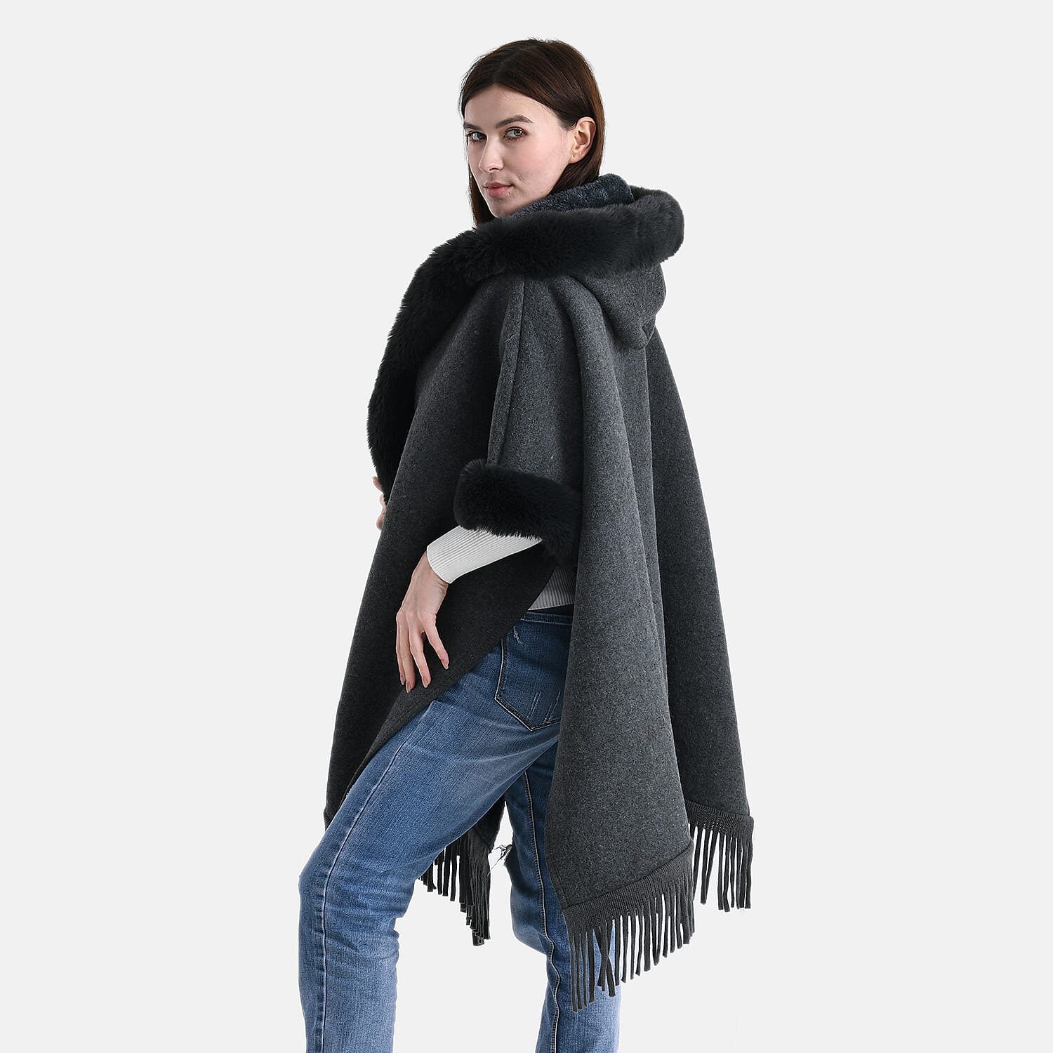 La Marey Signature Faux Fur Poncho with Tassels (110 x 90 cm) - Grey