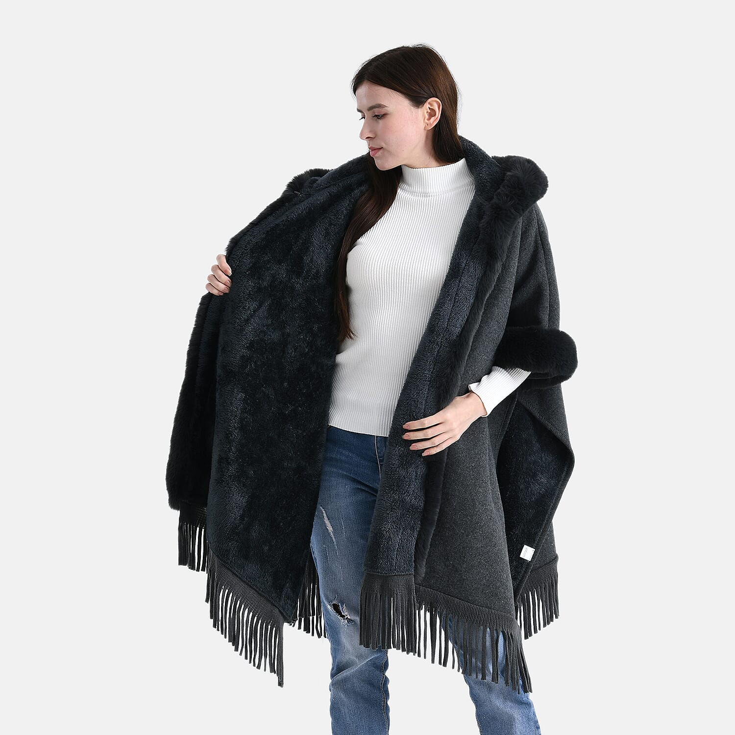 La Marey Signature Faux Fur Poncho with Tassels (110 x 90 cm) - Grey