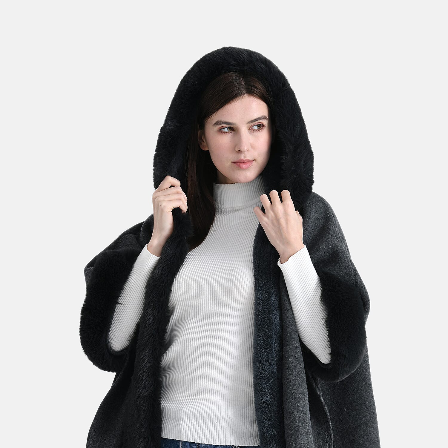 La Marey Signature Faux Fur Poncho with Tassels (110 x 90 cm) - Grey