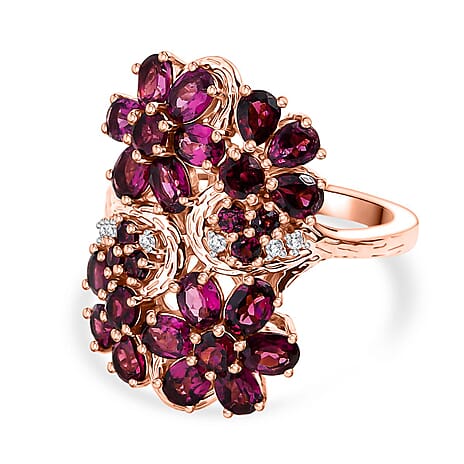 D'joy Orissa Rhodolite Garnet & White Zircon Ring in 18K Rose Gold Plating Sterling Silver 4.51 Ct, Silver Wt. 5.35 Gms.