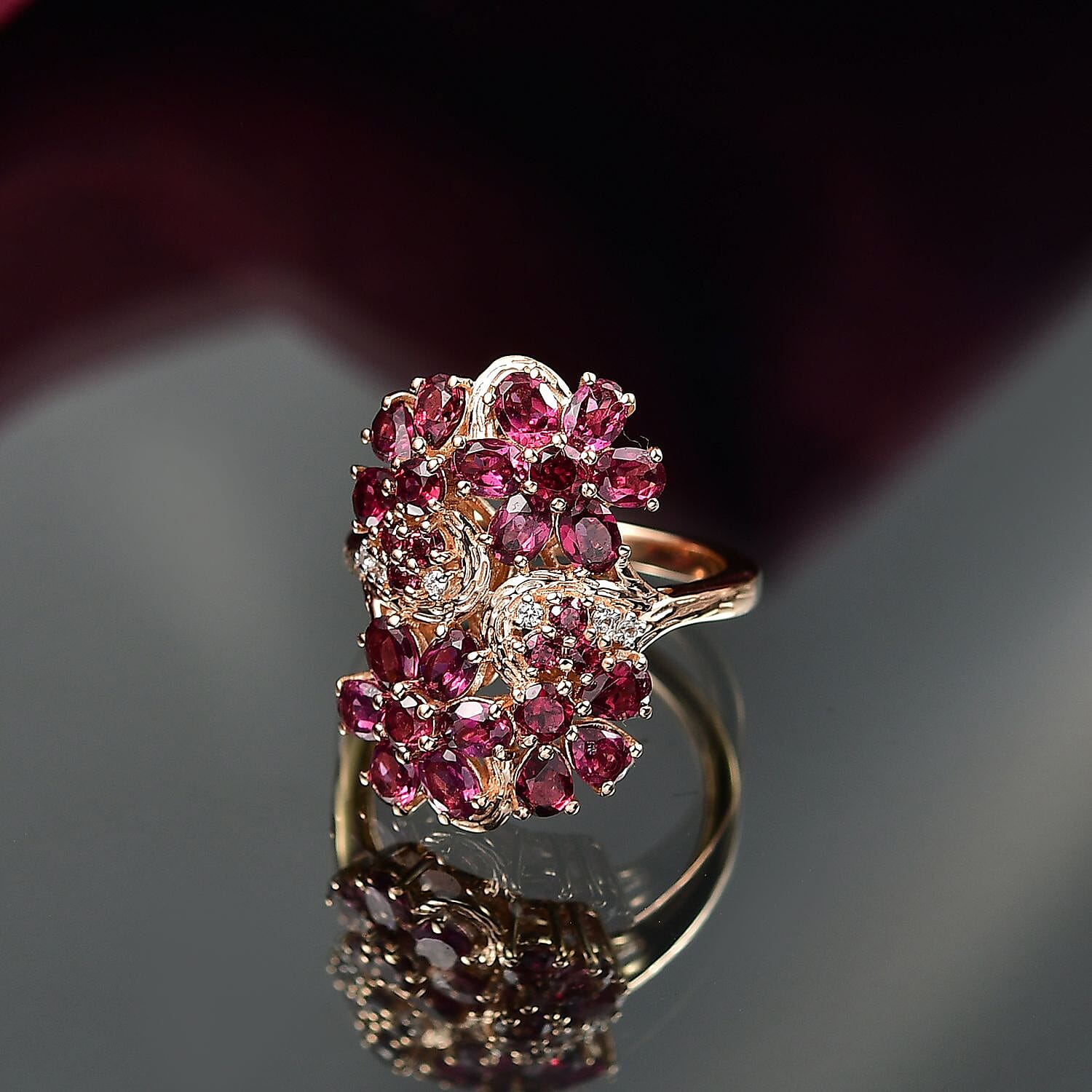 D'joy Orissa Rhodolite Garnet & White Zircon Ring in 18K Rose Gold Plating Sterling Silver 4.51 Ct, Silver Wt. 5.35 Gms.