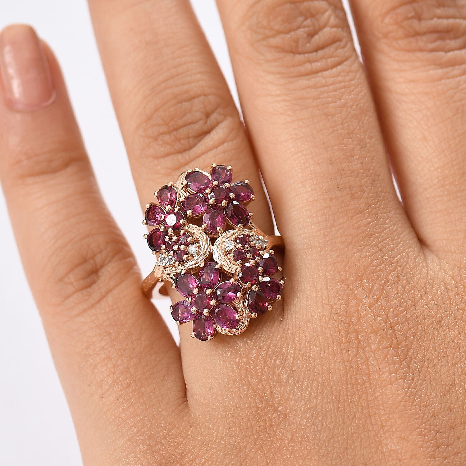 D'joy Orissa Rhodolite Garnet & White Zircon Ring in 18K Rose Gold Plating Sterling Silver 4.51 Ct, Silver Wt. 5.35 Gms.