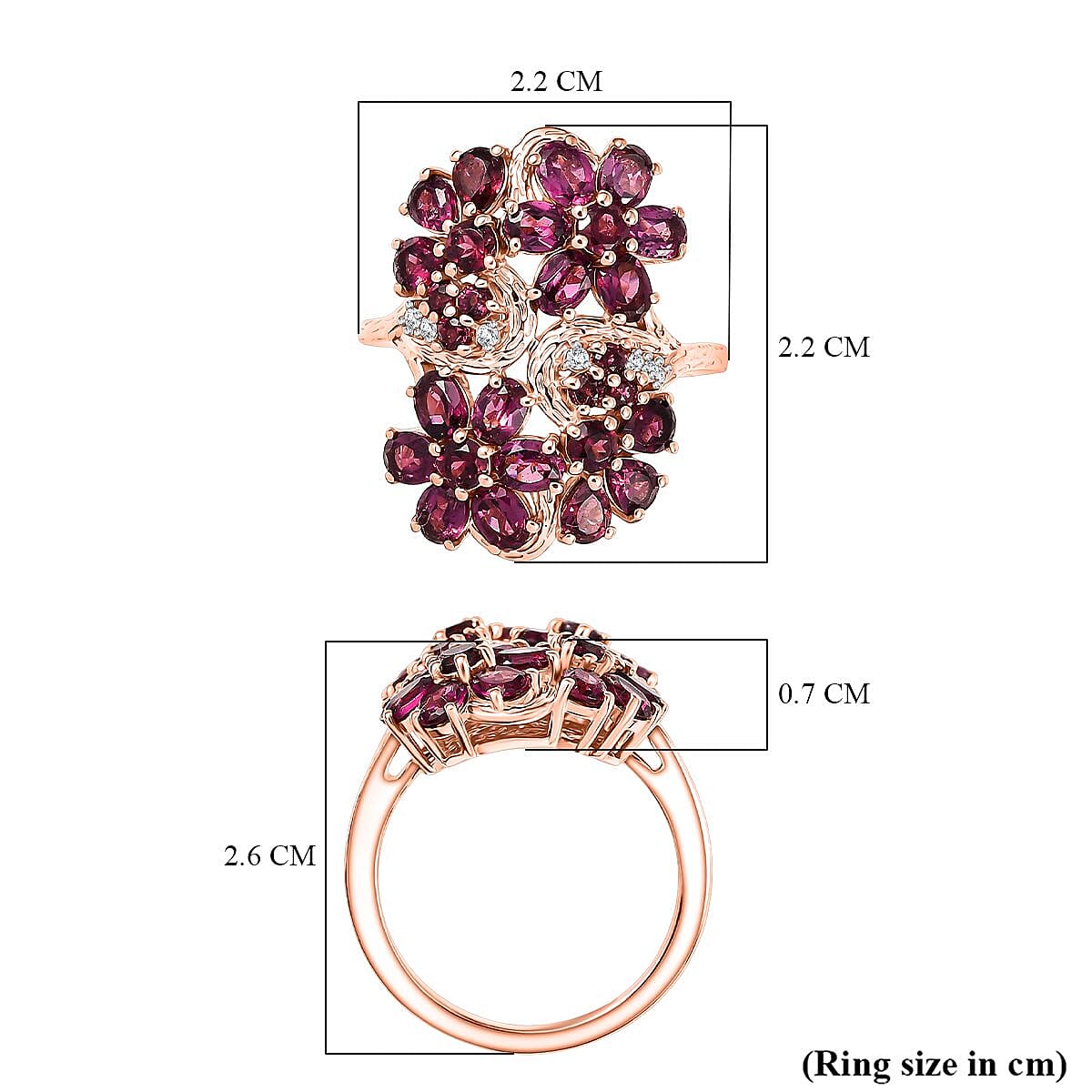 D'joy Orissa Rhodolite Garnet & White Zircon Ring in 18K Rose Gold Plating Sterling Silver 4.51 Ct, Silver Wt. 5.35 Gms.