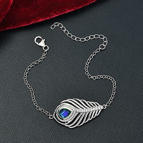 Djoy Peacock Triplet Quartz & White Zircon Bracelet (Size - 7 to 9) in Rhodium Overlay Sterling Silver 2.59 Ct.