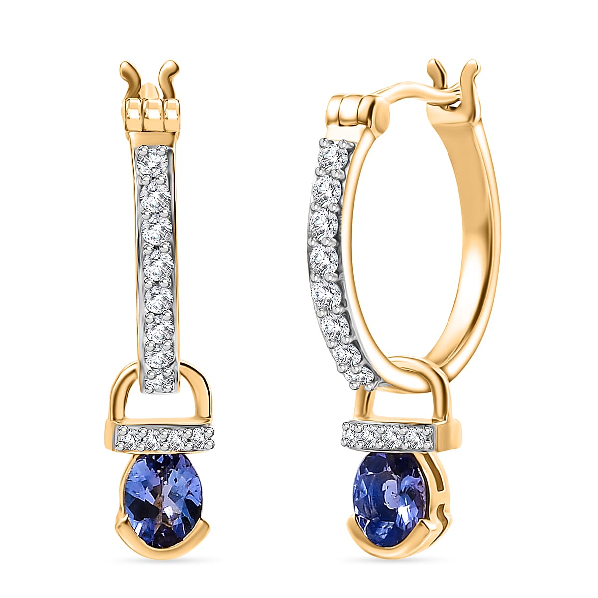D'joy Tanzanite & White Zircon Dangling Earring with Hoop in Yellow Gold Plating Sterling Silver 1.15 Ct.