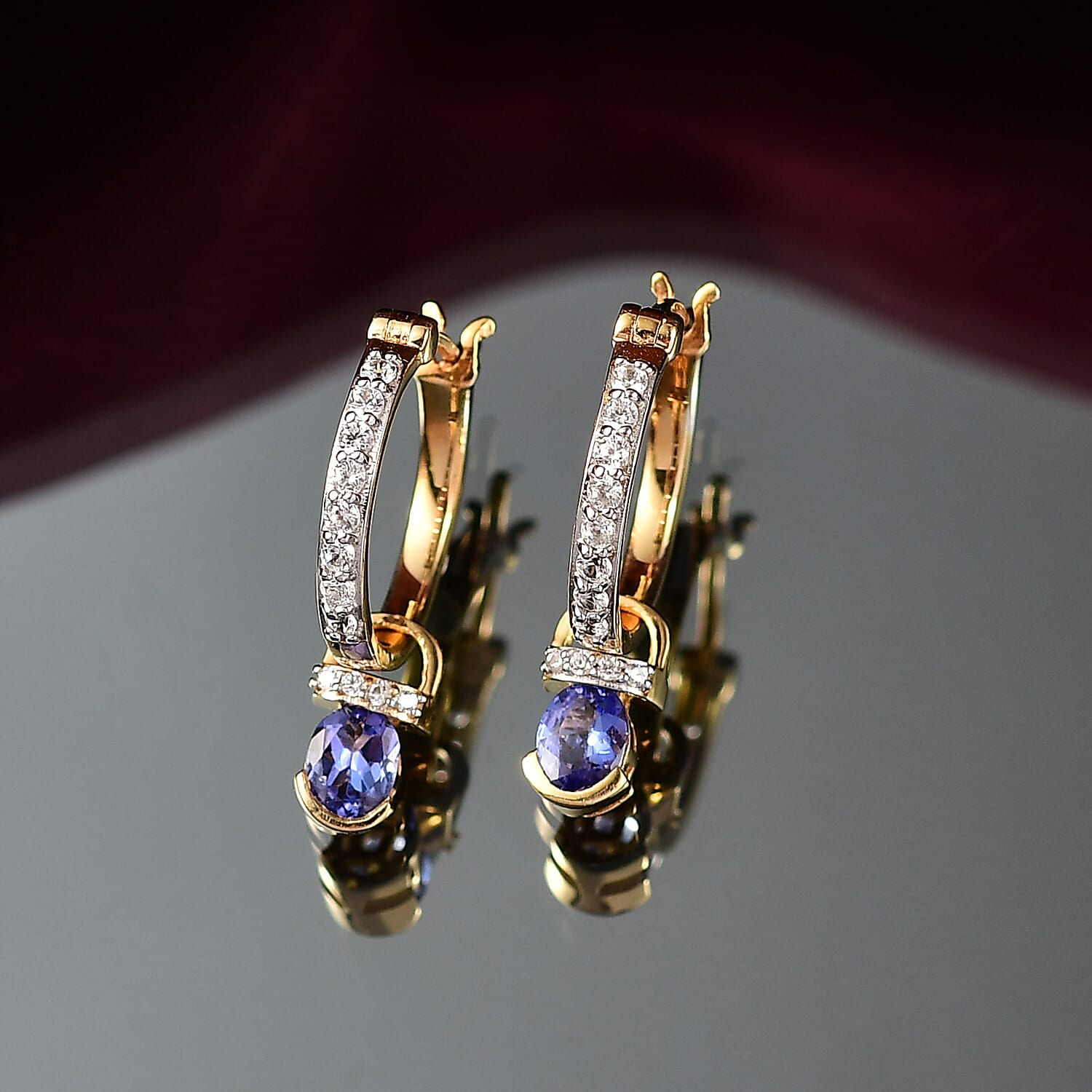 D'joy Tanzanite & White Zircon Dangling Earring with Hoop in Yellow Gold Plating Sterling Silver 1.15 Ct.