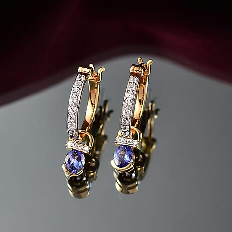 D'joy Tanzanite & White Zircon Dangling Earring with Hoop in Yellow Gold Plating Sterling Silver 1.15 Ct.