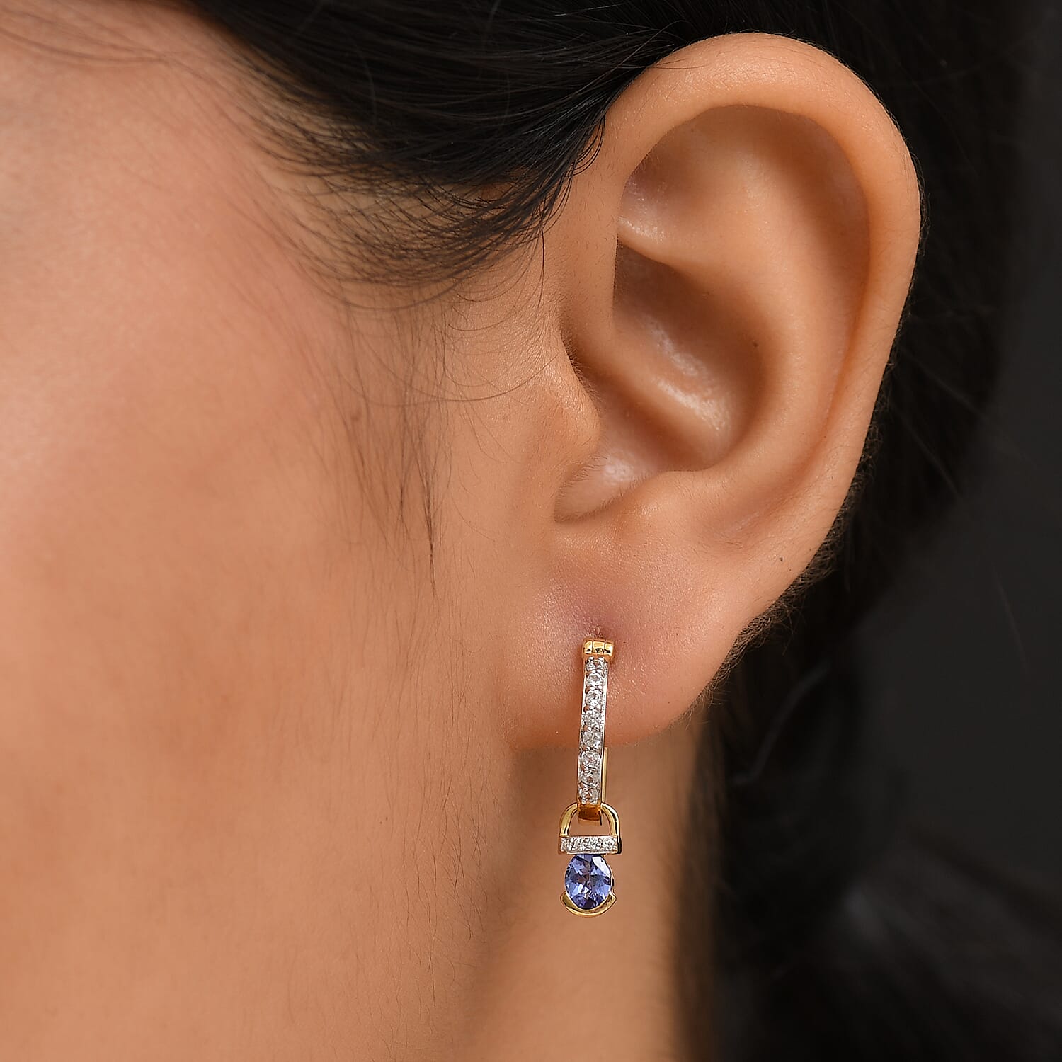 D'joy Tanzanite & White Zircon Dangling Earring with Hoop in Yellow Gold Plating Sterling Silver 1.15 Ct.