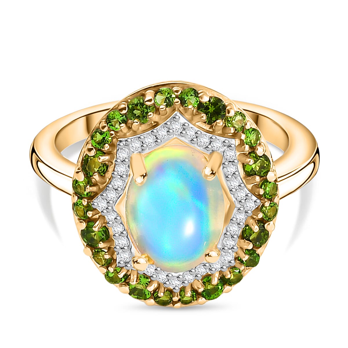 D'Joy Ethiopian Opal, Natural Chrome Diopside & White Zircon Ring in 14K Yellow Gold Plated Sterling Silver 2.05 Ct.