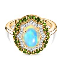 Ethiopian Opal, Natural Chrome Diopside, White Zircon Double Halo Ring in Yellow Gold Plated Sterling Silver 2.06 Ct.