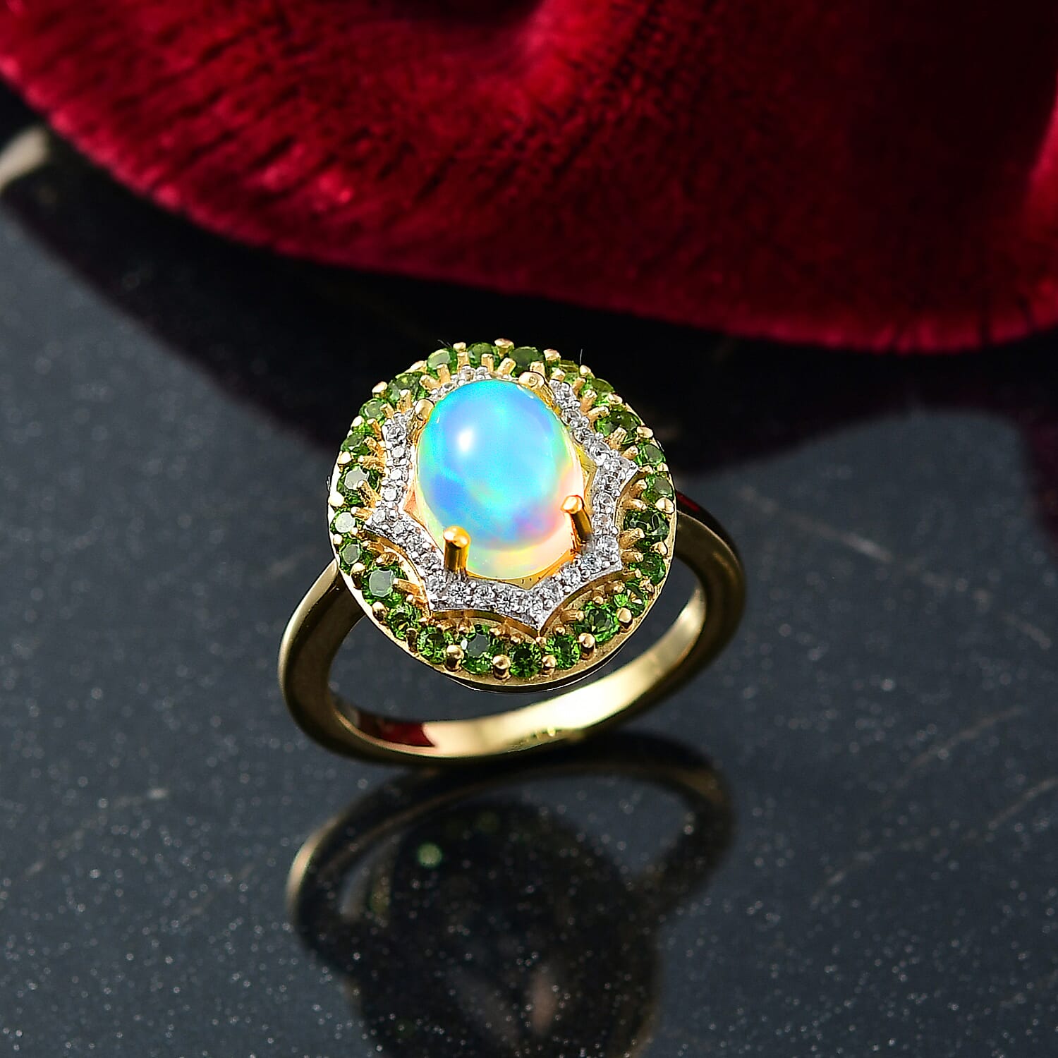 D'Joy Ethiopian Opal, Natural Chrome Diopside & White Zircon Ring in 14K Yellow Gold Plated Sterling Silver 2.05 Ct.
