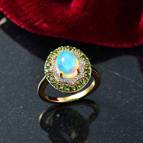 D'Joy Ethiopian Opal, Natural Chrome Diopside & White Zircon Ring in 14K Yellow Gold Plated Sterling Silver 2.05 Ct.