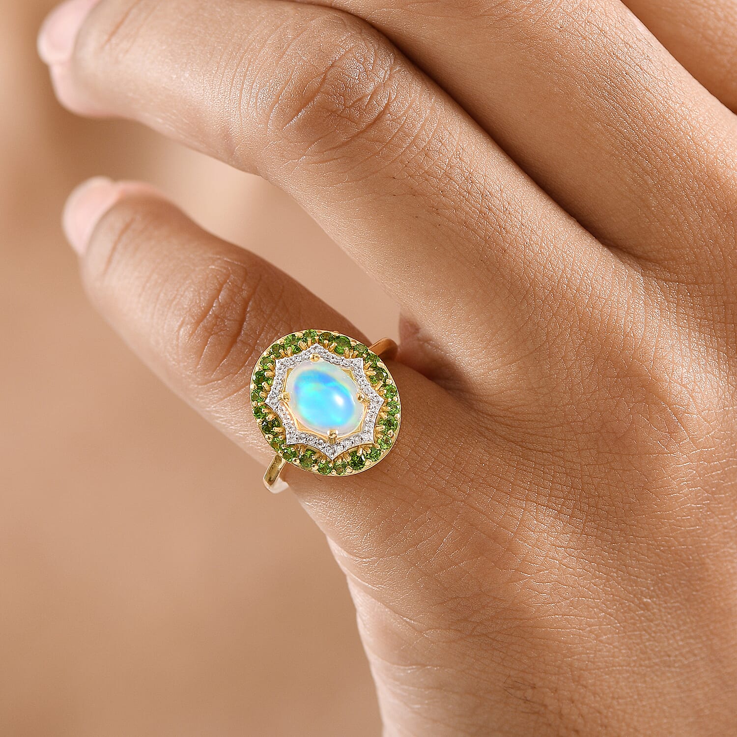 D'Joy Ethiopian Opal, Natural Chrome Diopside & White Zircon Ring in 14K Yellow Gold Plated Sterling Silver 2.05 Ct.