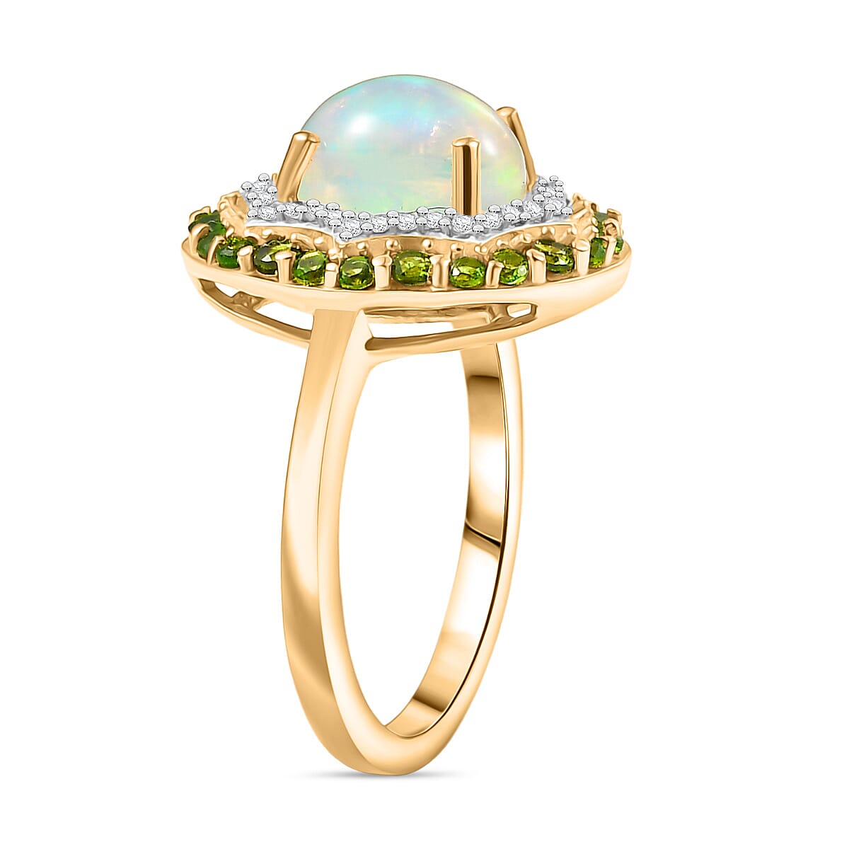 D'Joy Ethiopian Opal, Natural Chrome Diopside & White Zircon Ring in 14K Yellow Gold Plated Sterling Silver 2.05 Ct.