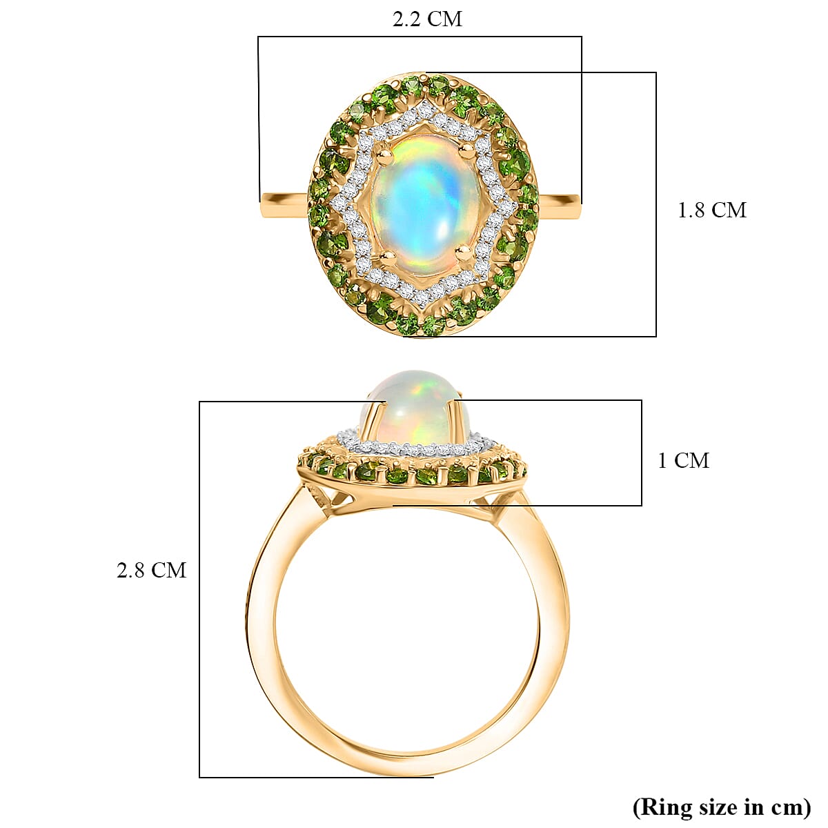 D'Joy Ethiopian Opal, Natural Chrome Diopside & White Zircon Ring in 14K Yellow Gold Plated Sterling Silver 2.05 Ct.