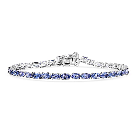 D'joy Tanzanite Bracelet (Size - 7.5) with GB Lock Box in Rhodium Overlay Sterling Silver 8.29 Ct, Silver Wt. 8.90 Gms.