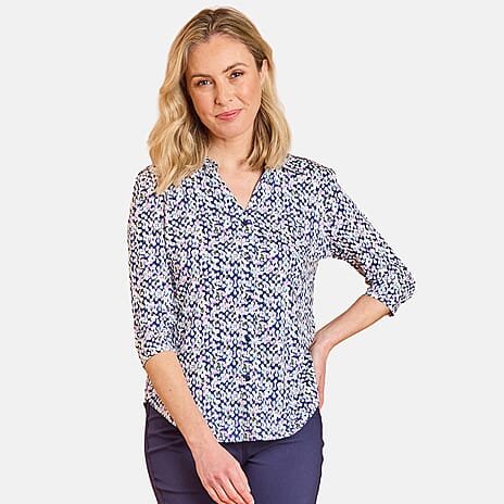 Emreco 3-4 Sleeve Print Mandarin Collar Blouse (Size 18) - White