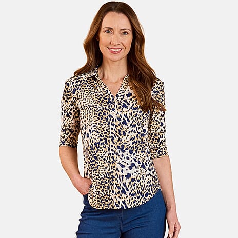 Emreco 3-4 Sleeve Print Mandarin Collar Blouse (Size 14) - Brown