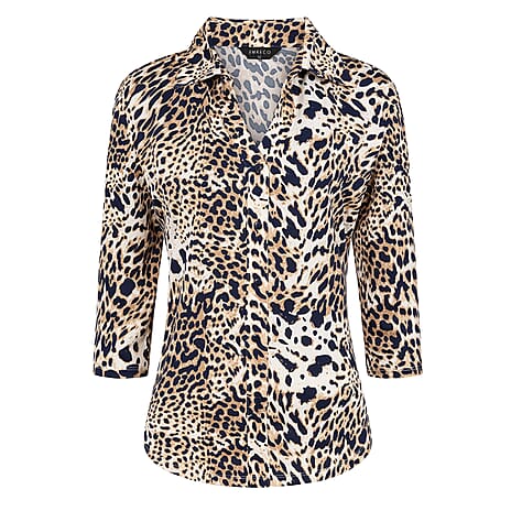 Emreco 3-4 Sleeve Print Mandarin Collar Blouse (Size 14) - Brown