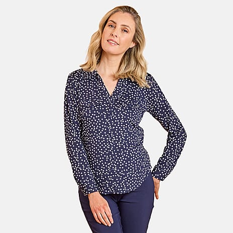 Emreco 3-4 Sleeve Print Mandarin Collar Blouse (Size 10) - Blue