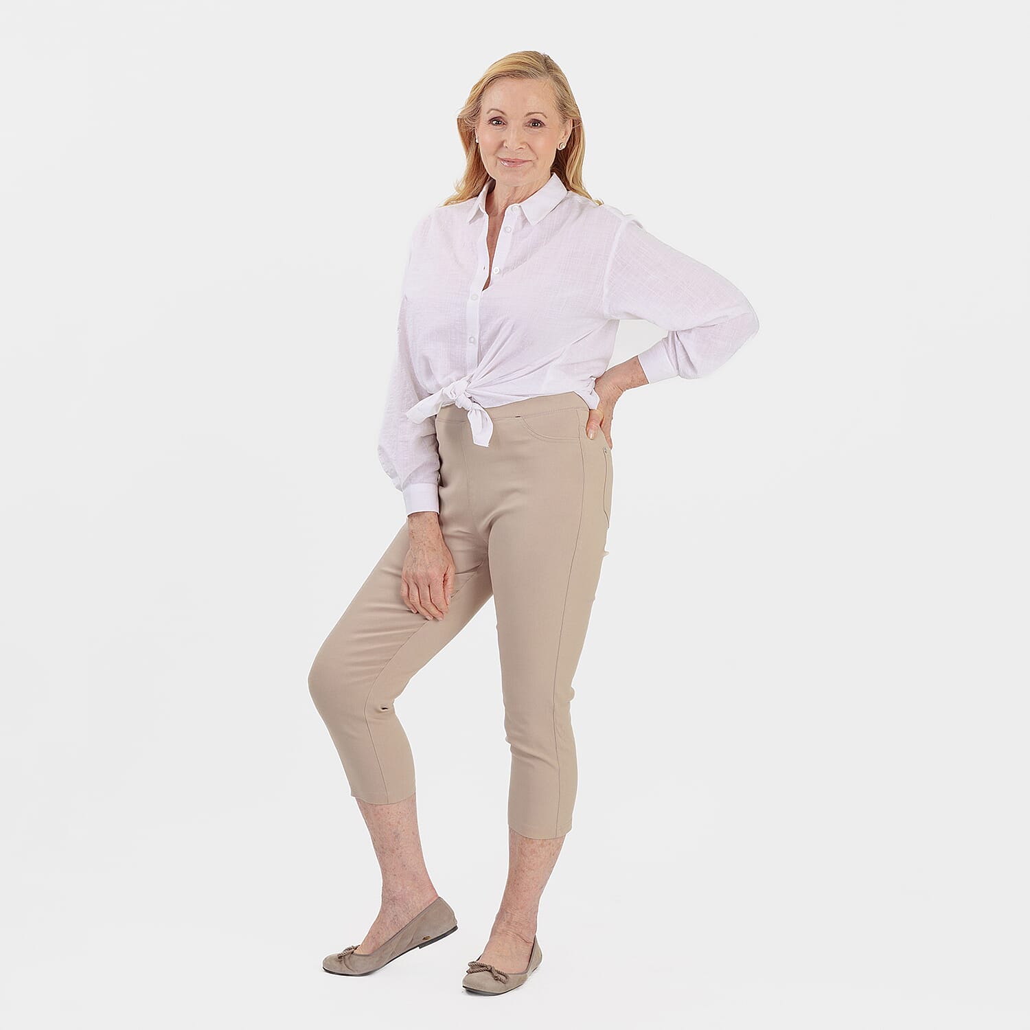 Emreco Crop Stretch Bengaline with Back Pockets (Size 18) - Stone
