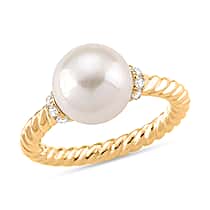 Designer Inspired - Edison Pearl & White Zircon Ring in Yellow Gold Plated Sterling Silver 8.52 Ct.