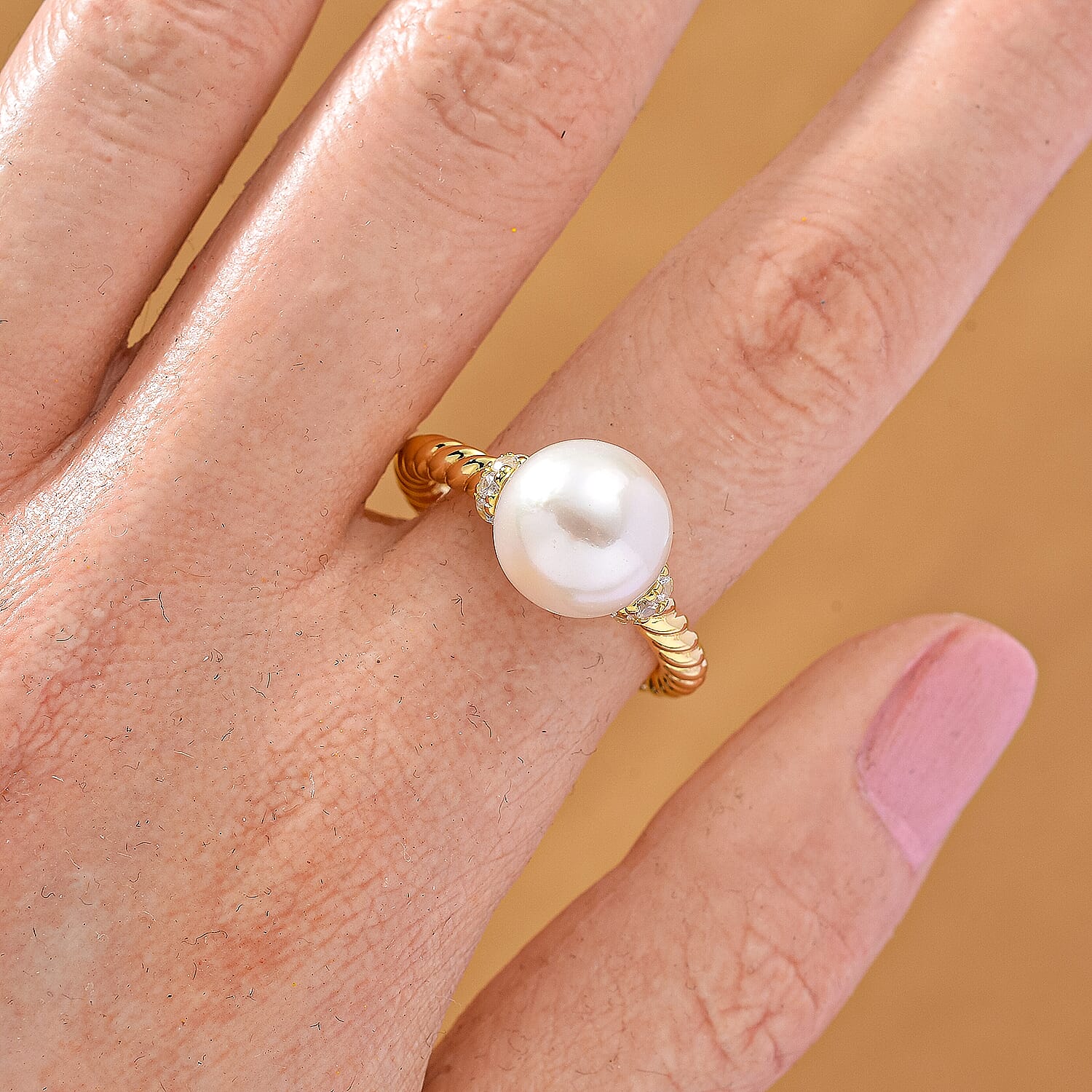 Designer Inspired - Edison Pearl & White Zircon Ring in Yellow Gold Plated Sterling Silver 8.52 Ct.