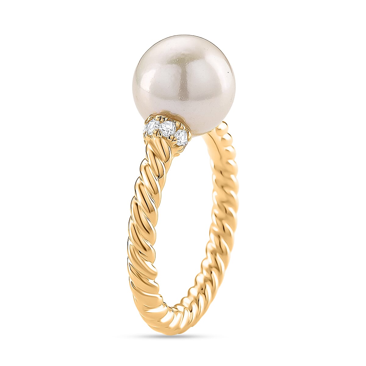 Designer Inspired - Edison Pearl & White Zircon Ring in Yellow Gold Plated Sterling Silver 8.52 Ct.