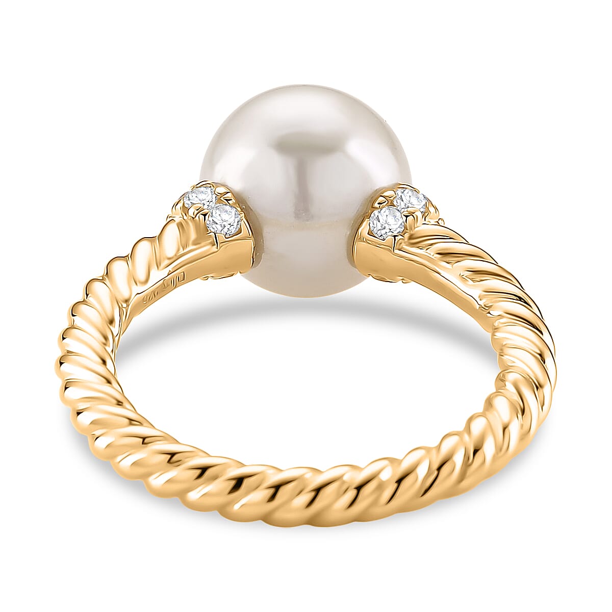 Designer Inspired - Edison Pearl & White Zircon Ring in Yellow Gold Plated Sterling Silver 8.52 Ct.