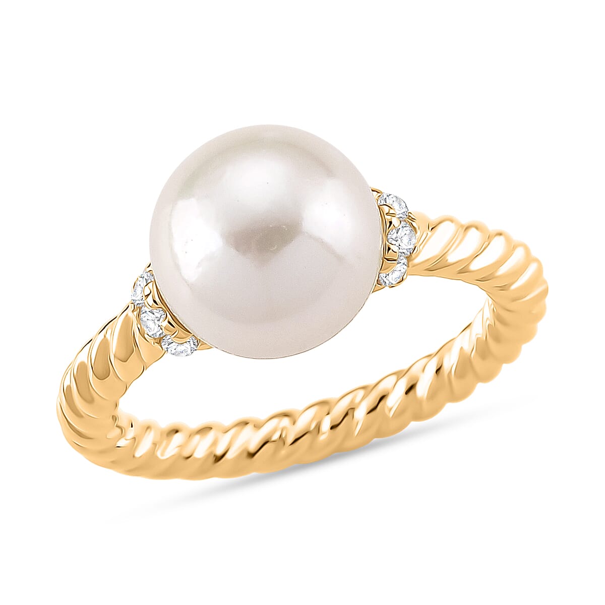 Designer Inspired - Edison Pearl & White Zircon Ring in Yellow Gold Plated Sterling Silver