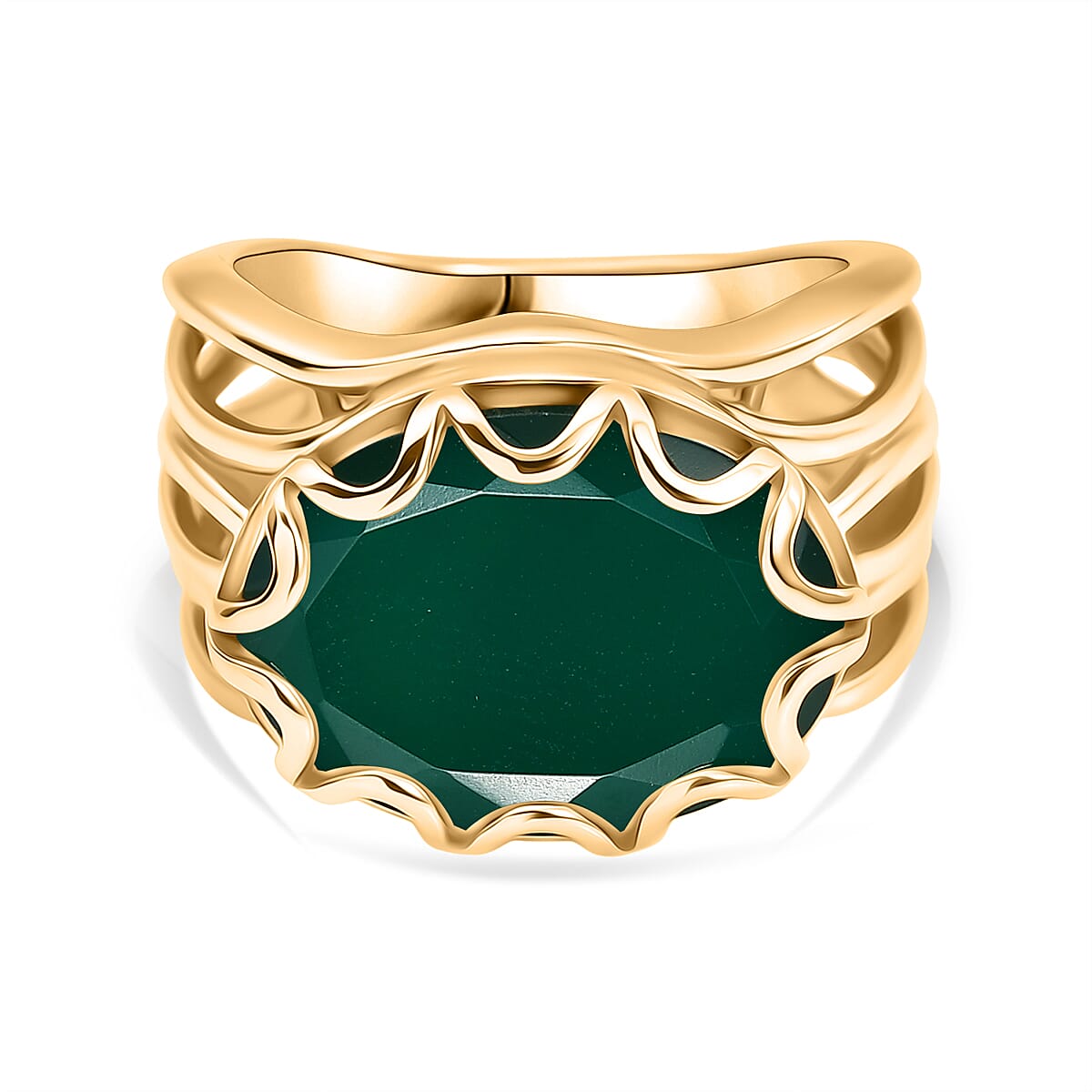 EverTrue Verde Onyx Solitaire Ring in 14K Yellow Gold Plating Sterling Silver 7.59 Ct, Silver Wt. 6.10 Gms.