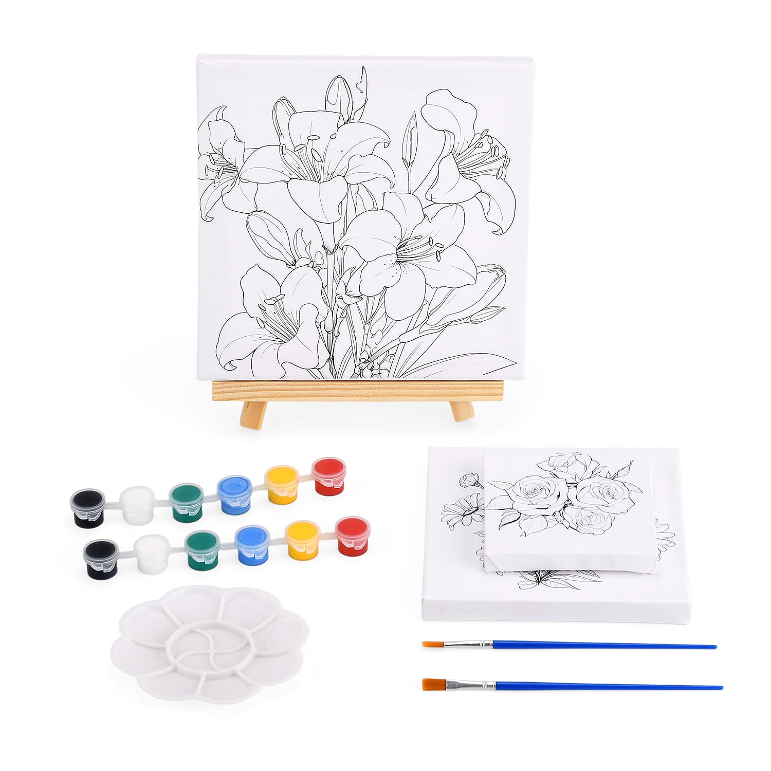 3-Piece Floral Canvas Painting Set- Rose, Daisy, Lily Canvases with Easel, 12 Watercolors & Brushes