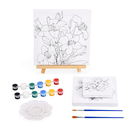 3-Piece Floral Canvas Painting Set- Rose, Daisy, Lily Canvases with Easel, 12 Watercolors & Brushes