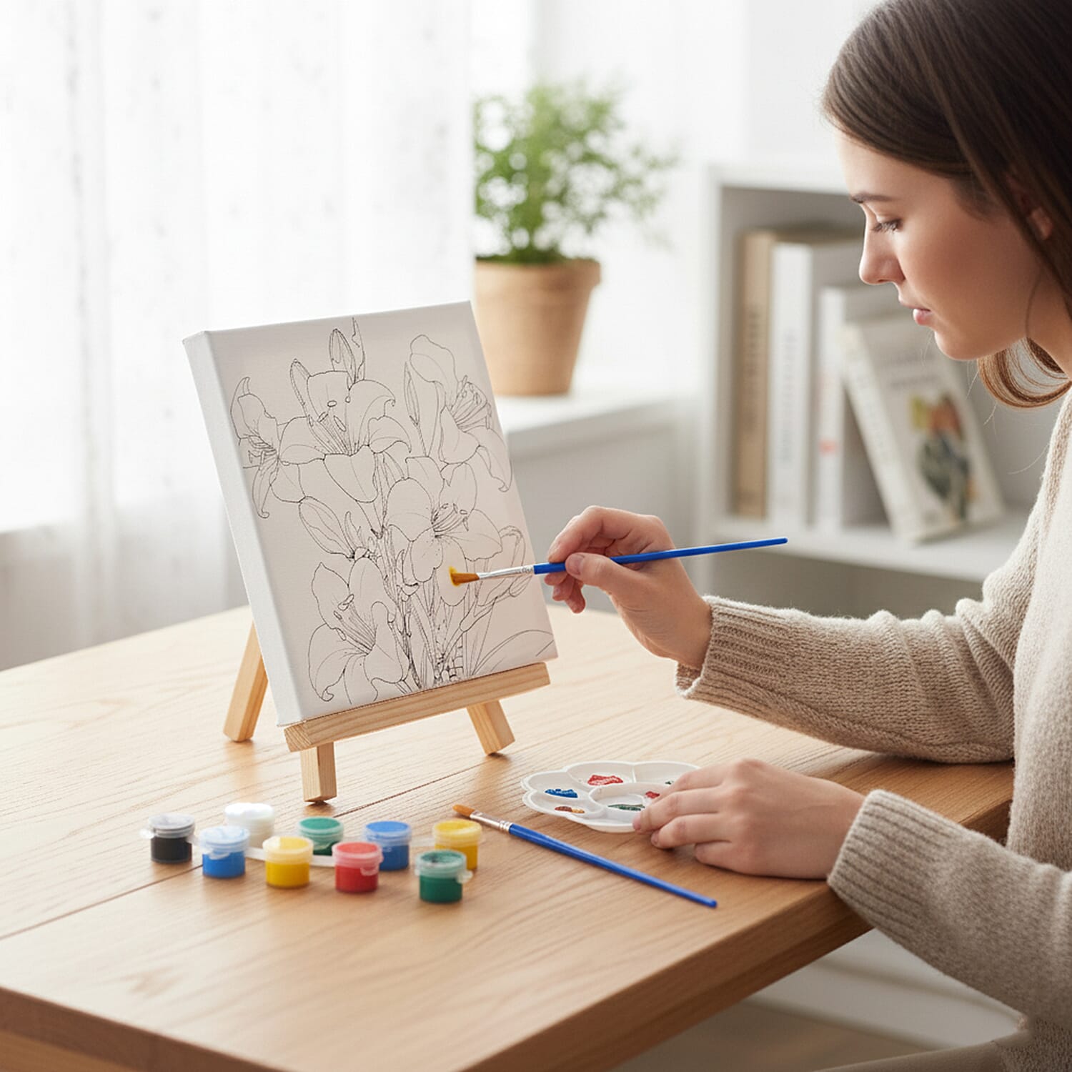 3-Piece Floral Canvas Painting Set- Rose, Daisy, Lily Canvases with Easel, 12 Watercolors & Brushes