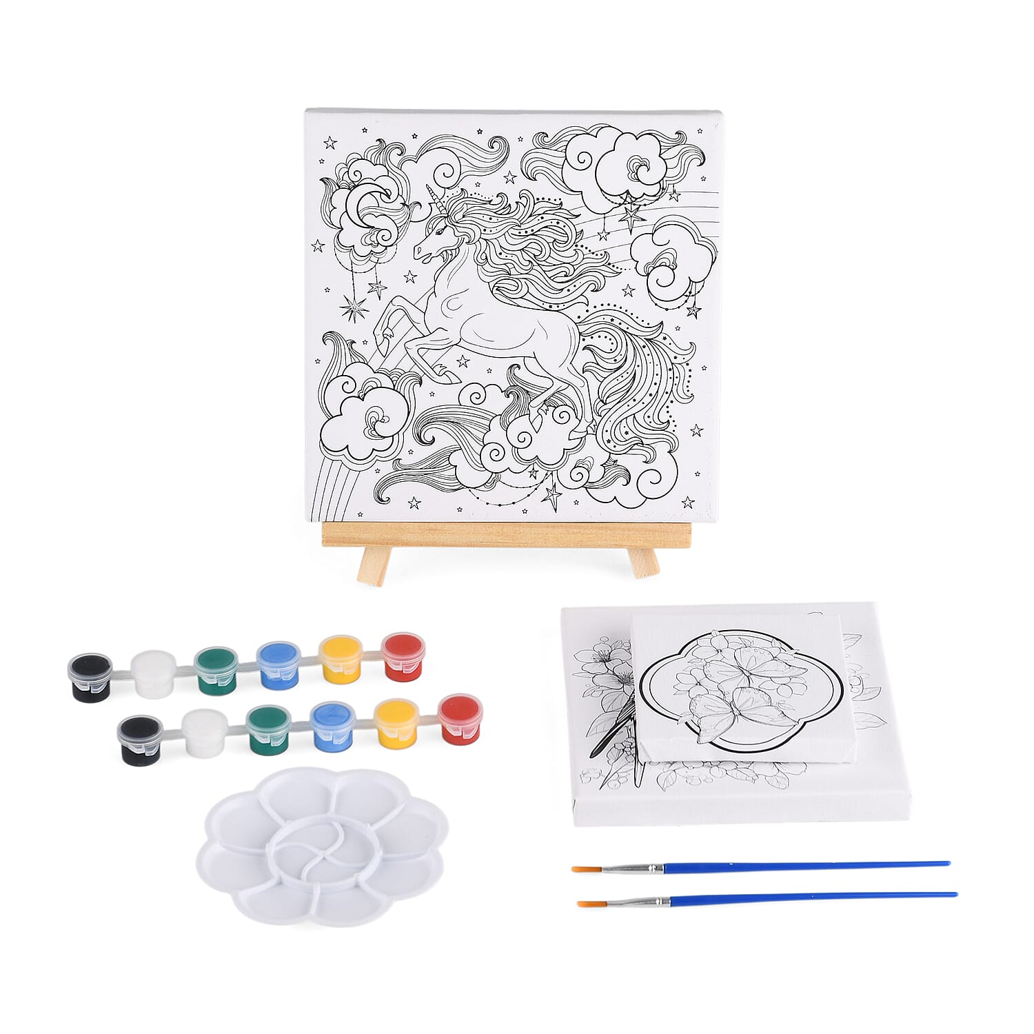 3-Piece Canvas Painting Set- Butterfly, Magpie & Unicorn Canvases with Easel, 12 Watercolors & Brushes