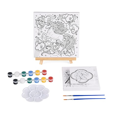 3-Piece Canvas Painting Set- Butterfly, Magpie & Unicorn Canvases with Easel, 12 Watercolors & Brushes