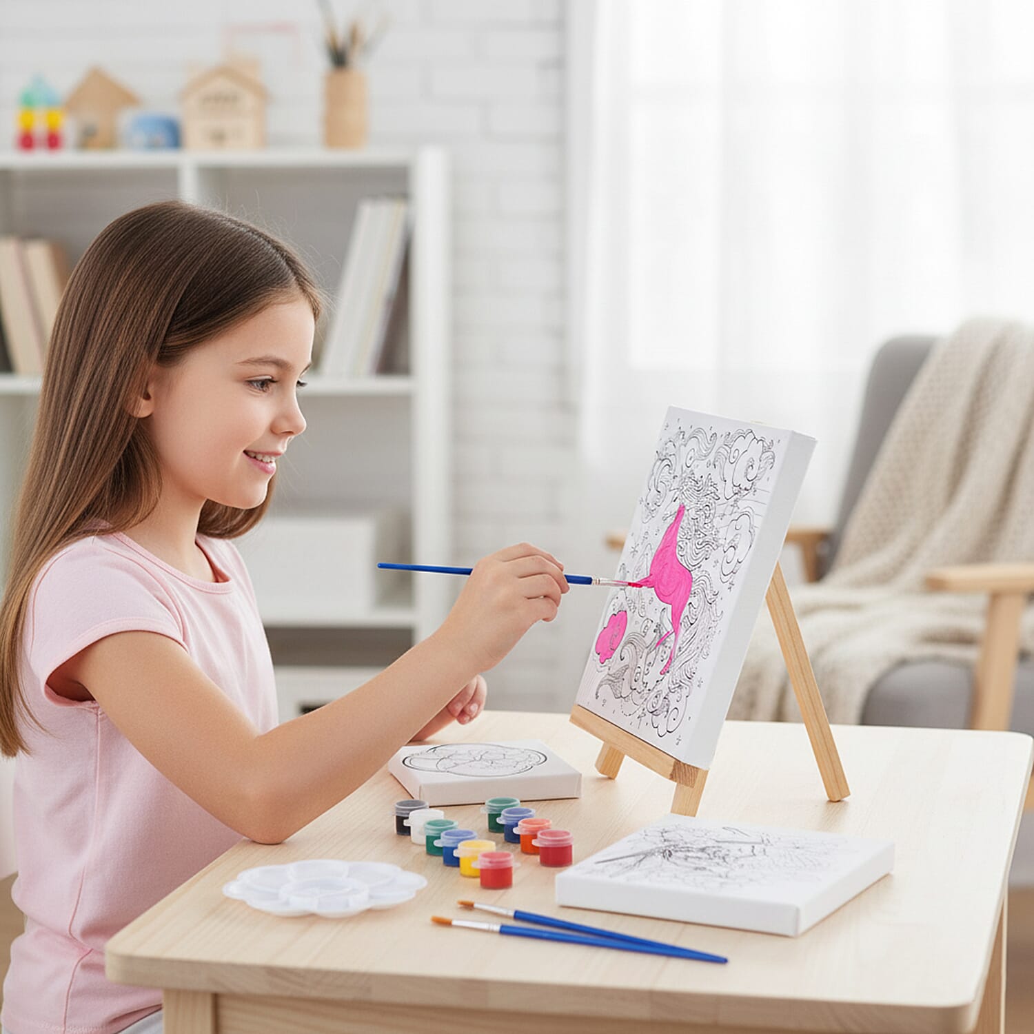 3-Piece Canvas Painting Set- Butterfly, Magpie & Unicorn Canvases with Easel, 12 Watercolors & Brushes