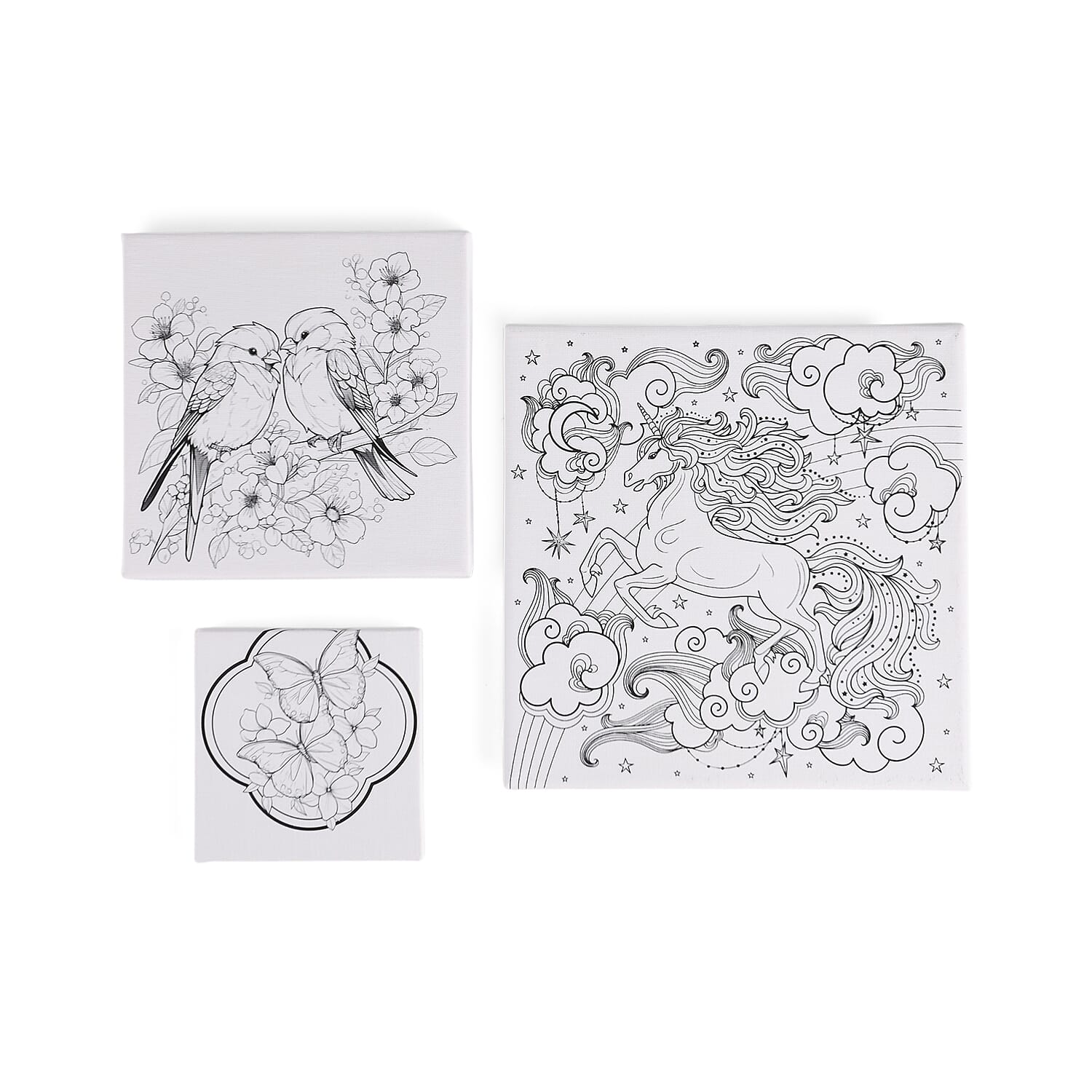 3-Piece Canvas Painting Set- Butterfly, Magpie & Unicorn Canvases with Easel, 12 Watercolors & Brushes