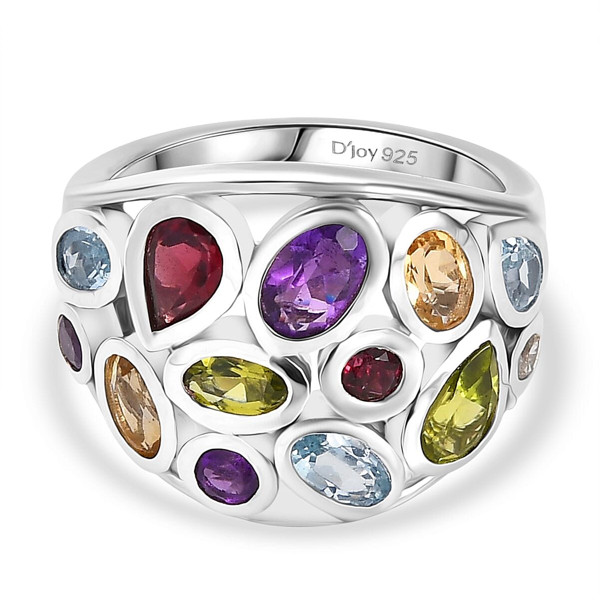 D'Joy African Amethyst & Multi Gemstones Cluster Ring in Rhodium Overlay Sterling Silver 3.38 Ct, Silver Wt. 5.80 Gms.