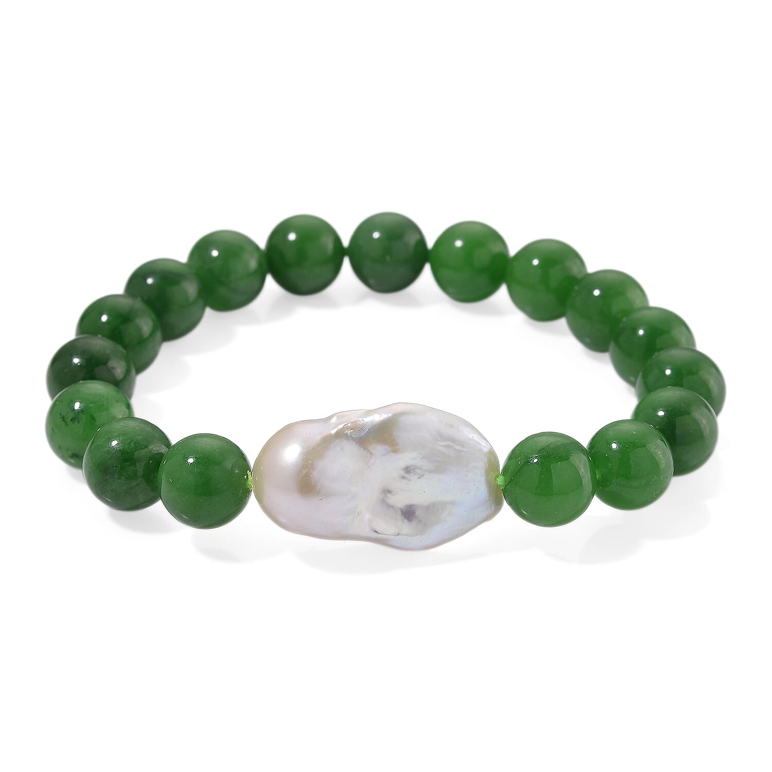 BRAND NEW - Green Jade & White Baroque  Pearl Stone Bracelet (Size 7.5 Strechable) 200.00 Ct.