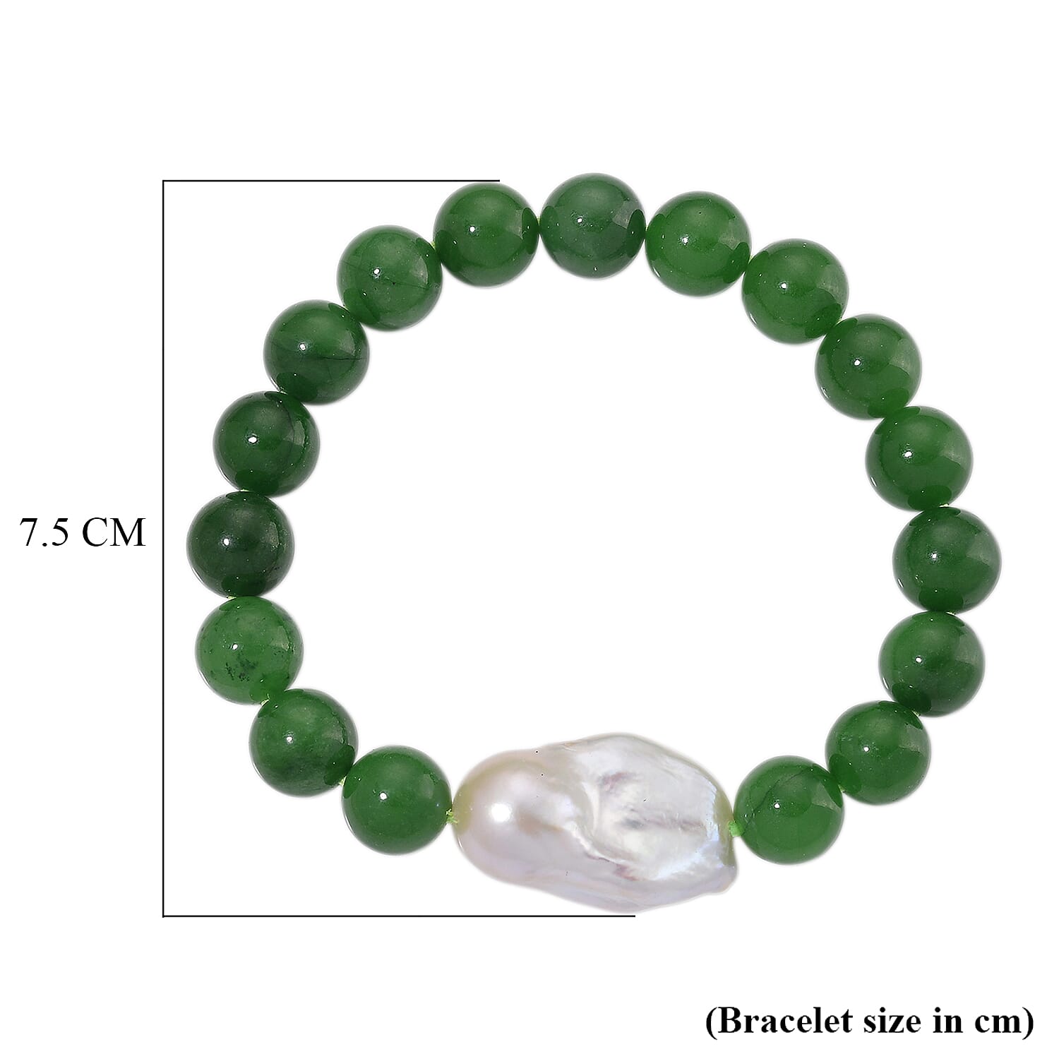 BRAND NEW - Green Jade & White Baroque  Pearl Stone Bracelet (Size 7.5 Strechable) 200.00 Ct.