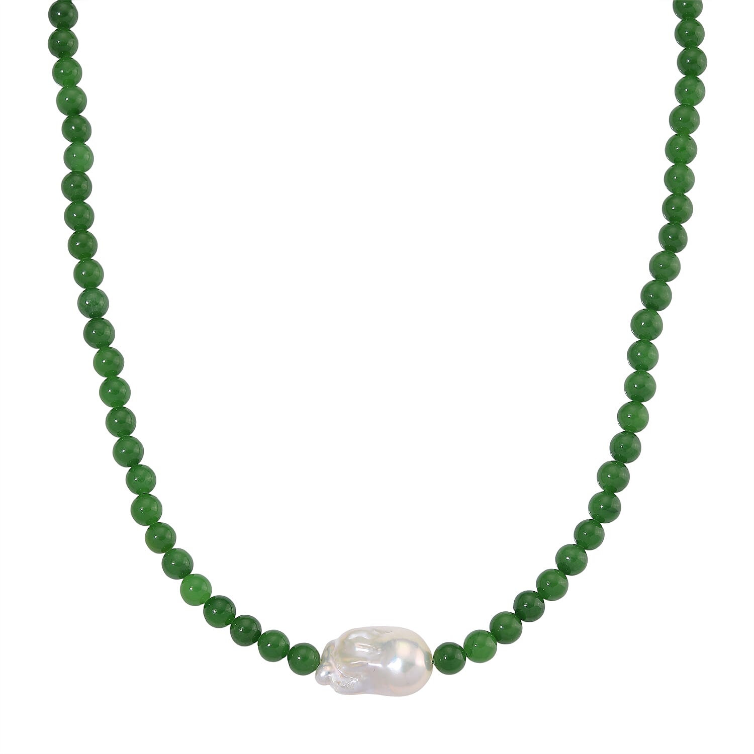 BRAND NEW - Green Jade & White Baroque  Pearl Necklace (Size 20 - 2 Ext) in Rhodium Overlay Sterling Silver 290.00 Ct.